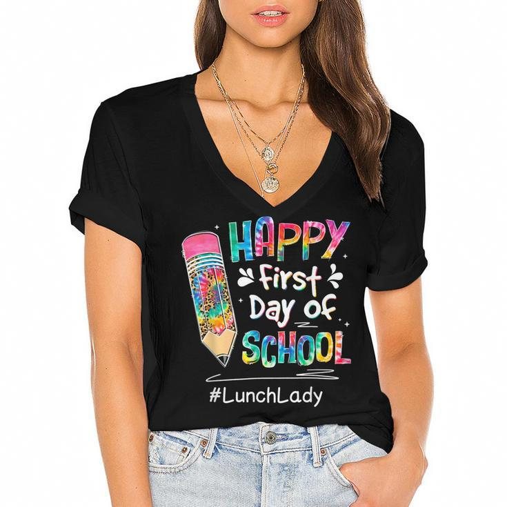 Tie Dye Pencil Happy First Day Of School Lunch Lady  V2 Women's Jersey Short Sleeve Deep V-Neck Tshirt
