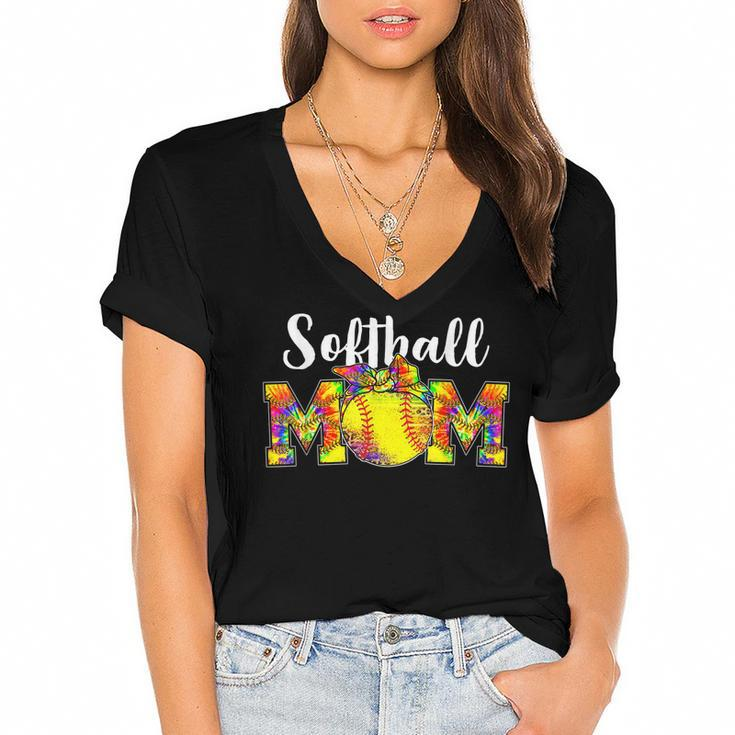 Tie Dye Softball Mom  Softball Game Day Vibes Mothers Day  Women's Jersey Short Sleeve Deep V-Neck Tshirt