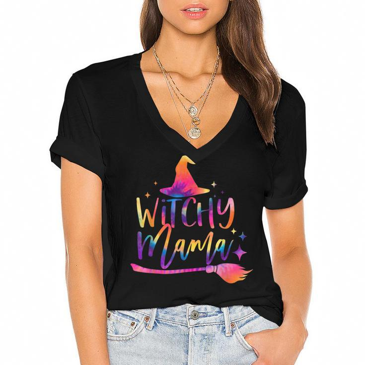 Tie Dye Witchy Mama Witch Hat Broom Spooky Mama Halloween  Women's Jersey Short Sleeve Deep V-Neck Tshirt