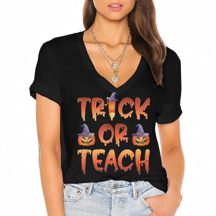 Trick Or Teach  Cute Halloween Costume School Teacher  Women's Jersey Short Sleeve Deep V-Neck Tshirt