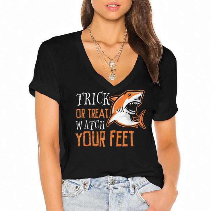 Trick Or Treat Shark Watch Your Feet Halloween  Women's Jersey Short Sleeve Deep V-Neck Tshirt