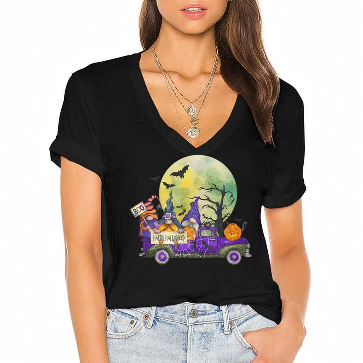 Truck With Cute Gnomes And Pumpkins In Halloween  Women's Jersey Short Sleeve Deep V-Neck Tshirt