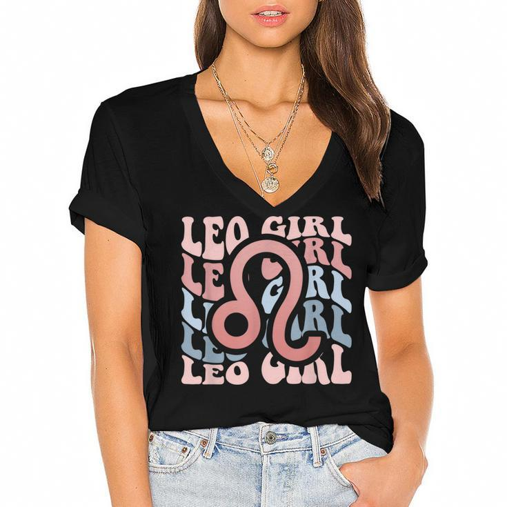 Vintage Leo Girl Retro Birthday Queen Women Horoscope  Women's Jersey Short Sleeve Deep V-Neck Tshirt