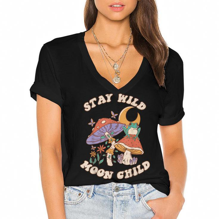 Vintage Retro Stay Wild Moon Child Frog Mushroom Hippie  Women's Jersey Short Sleeve Deep V-Neck Tshirt