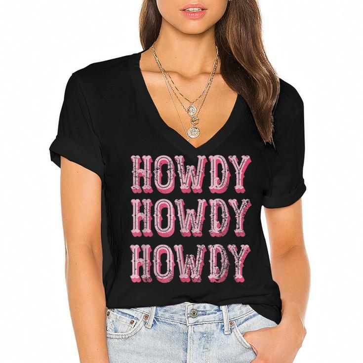 Vintage White Howdy Rodeo Western Country Southern Cowgirl  V3 Women's Jersey Short Sleeve Deep V-Neck Tshirt