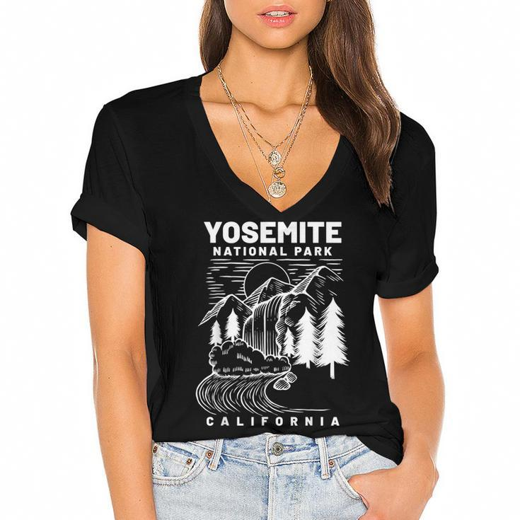 Vintage Yosemite National Park California Hiker  Women's Jersey Short Sleeve Deep V-Neck Tshirt