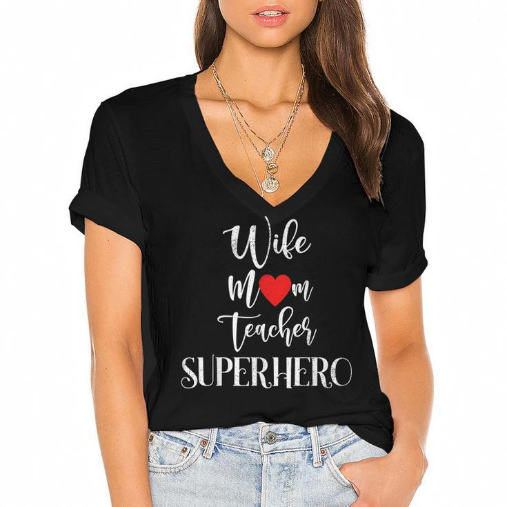 Wife Mom Teacher Superhero Mothers Day  Women Mommy  Women's Jersey Short Sleeve Deep V-Neck Tshirt