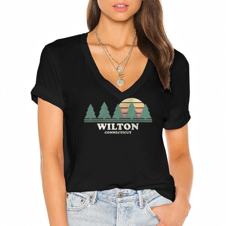 Wilton Ct Vintage Throwback Tee Retro 70S Design Women's Jersey Short Sleeve Deep V-Neck Tshirt