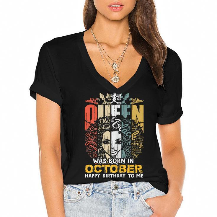 Womens A Queen Was Born In October Happy Birthday To Me Women's Jersey Short Sleeve Deep V-Neck Tshirt