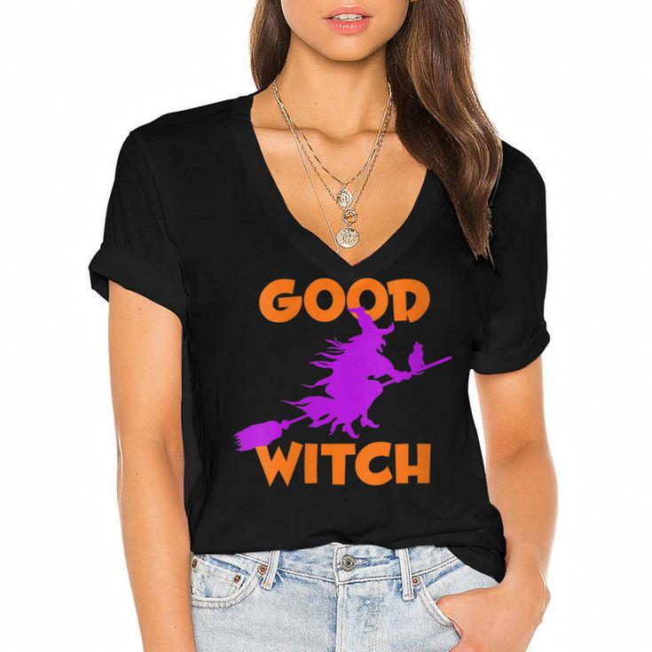 Womens Good Witch Halloween Riding Broomstick Silhouette  Women's Jersey Short Sleeve Deep V-Neck Tshirt