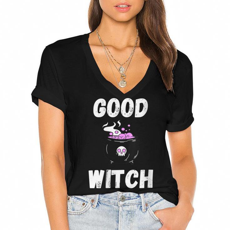 Womens Halloween Witch Good Bad Scary Witch Vibes Costume Basic  Women's Jersey Short Sleeve Deep V-Neck Tshirt
