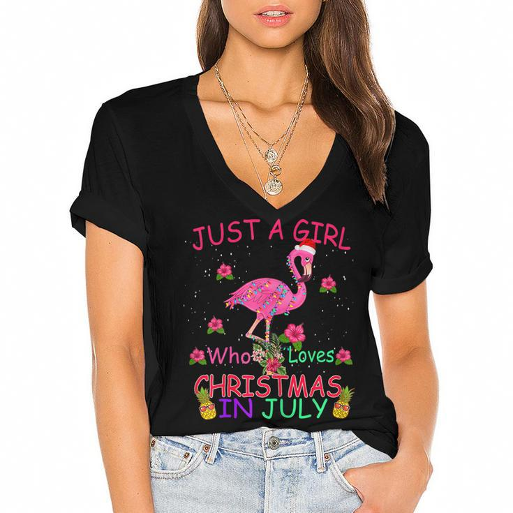 Womens Just A Girl Who Loves Christmas In July Flamingo  Women's Jersey Short Sleeve Deep V-Neck Tshirt