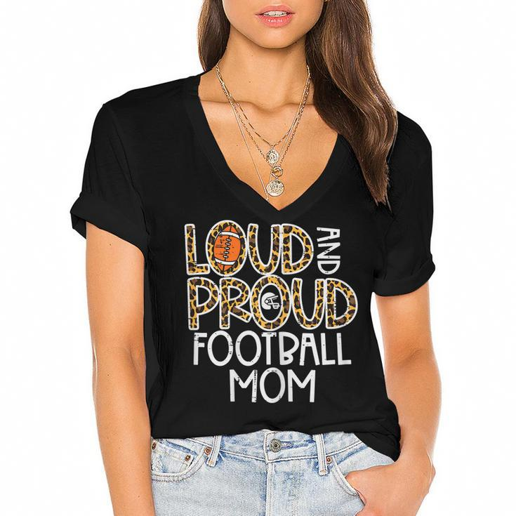 Womens Leopard Loud & Proud American Football Mom Family Mama Mommy  Women's Jersey Short Sleeve Deep V-Neck Tshirt