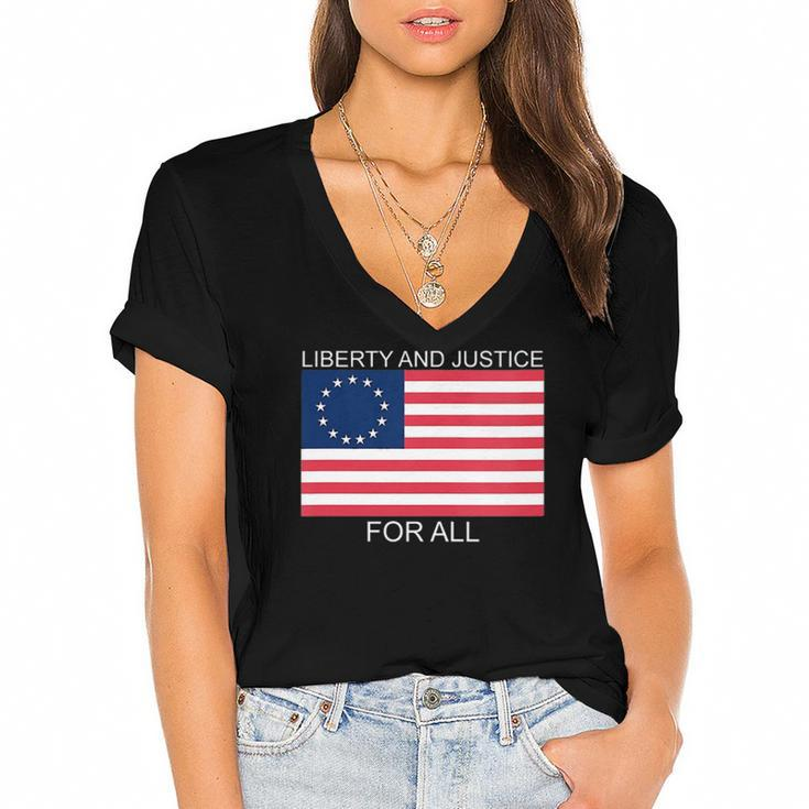 Womens Liberty And Justice For All Betsy Ross Flag American Pride  Women's Jersey Short Sleeve Deep V-Neck Tshirt
