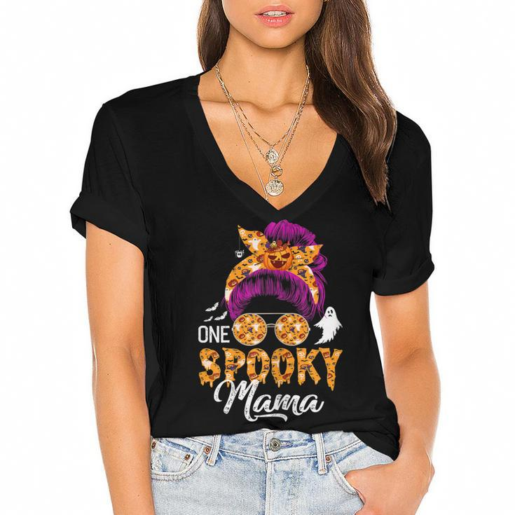 Womens One Spooky Mama  Halloween Messy Bun Hair Ghosts Lover  Women's Jersey Short Sleeve Deep V-Neck Tshirt