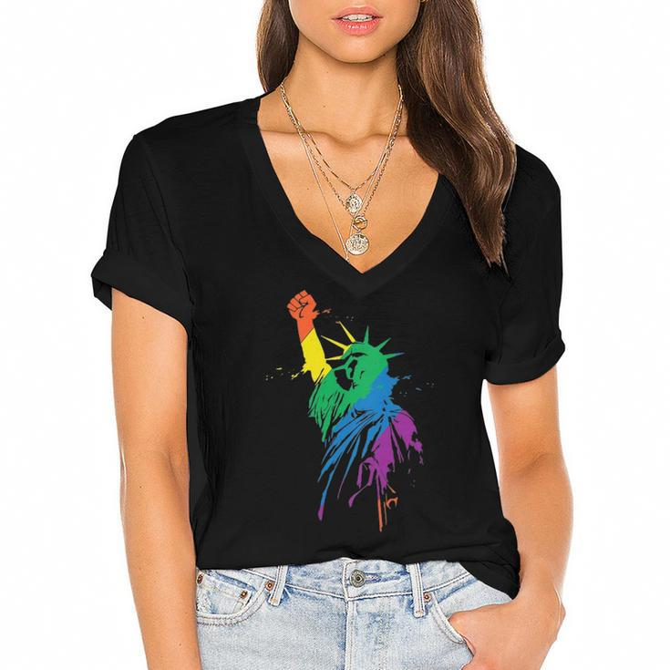 Womens Rainbow Statue Of Liberty With Raised Fist Lgbtq Pride  Women's Jersey Short Sleeve Deep V-Neck Tshirt