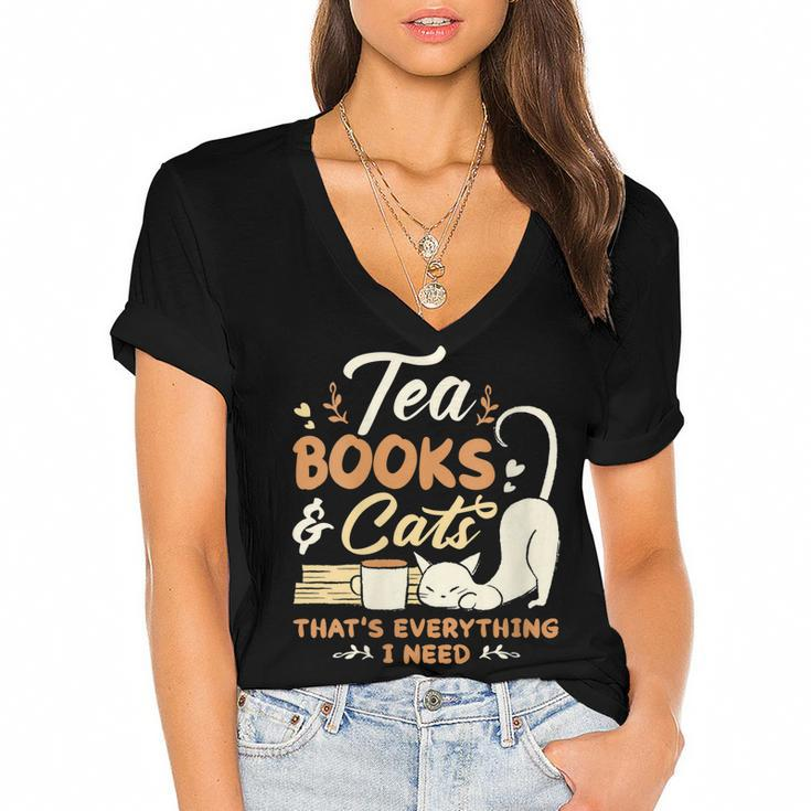 Womens Tea Books And Cats Cat Book Lovers Reading Book  Women's Jersey Short Sleeve Deep V-Neck Tshirt
