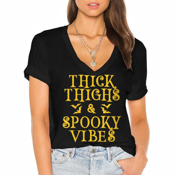Womens Thick Thighs And Spooky Vibes Sassy Lady Halloween   Women's Jersey Short Sleeve Deep V-Neck Tshirt