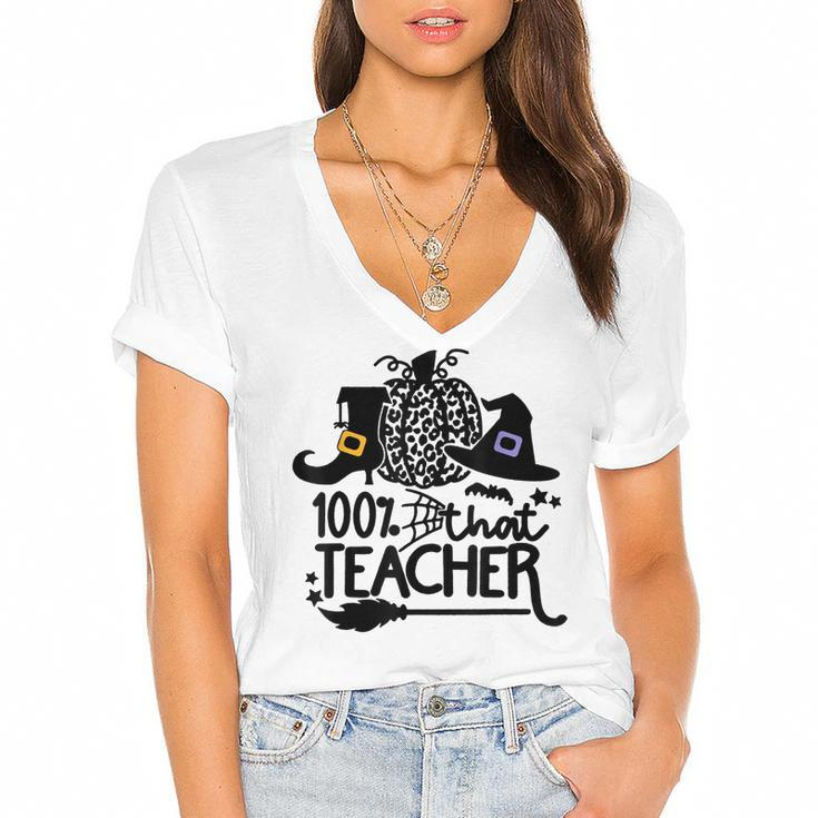 100 That Teacher Funny Teacher Halloween With Witch  Women's Jersey Short Sleeve Deep V-Neck Tshirt