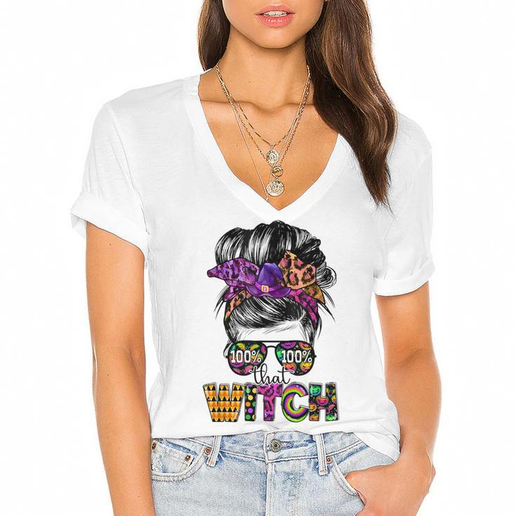 100 That Witch Halloween Costume Messy Bun Skull Witch Girl  Women's Jersey Short Sleeve Deep V-Neck Tshirt
