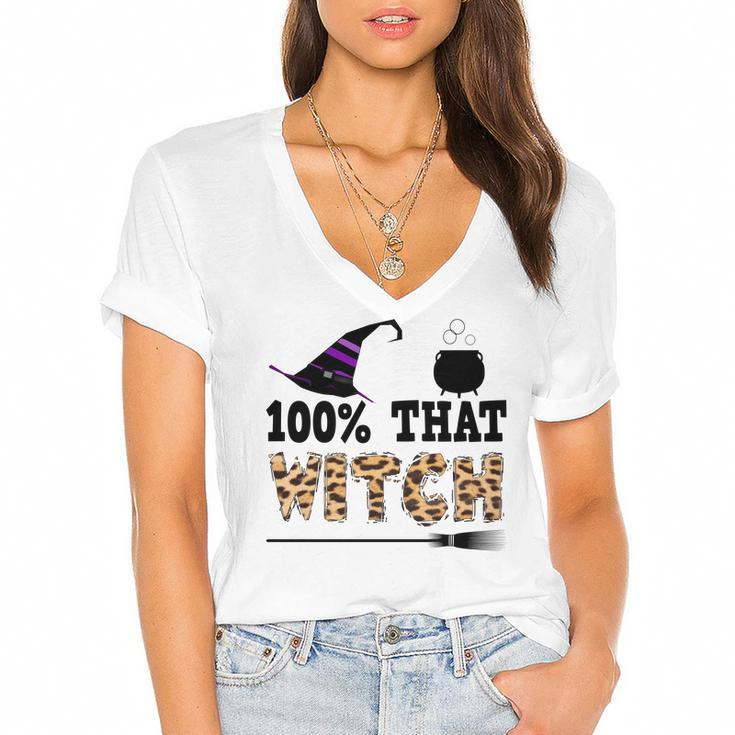 100% That Witch Halloween Witch Hat Leopard  Women's Jersey Short Sleeve Deep V-Neck Tshirt
