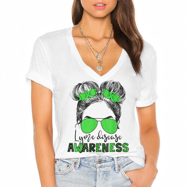 Lyme Disease Awareness Messy Hair Bun For Girl  Women's Jersey Short Sleeve Deep V-Neck Tshirt