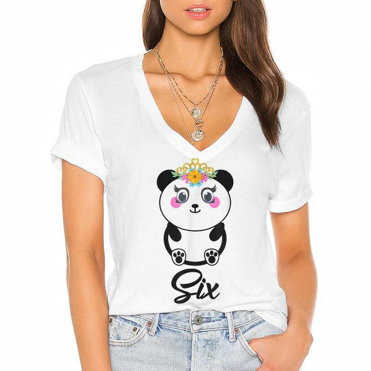 6 Year Old Gifts Cute Panda Birthday Girl 6Th Birthday Funny  Women's Jersey Short Sleeve Deep V-Neck Tshirt