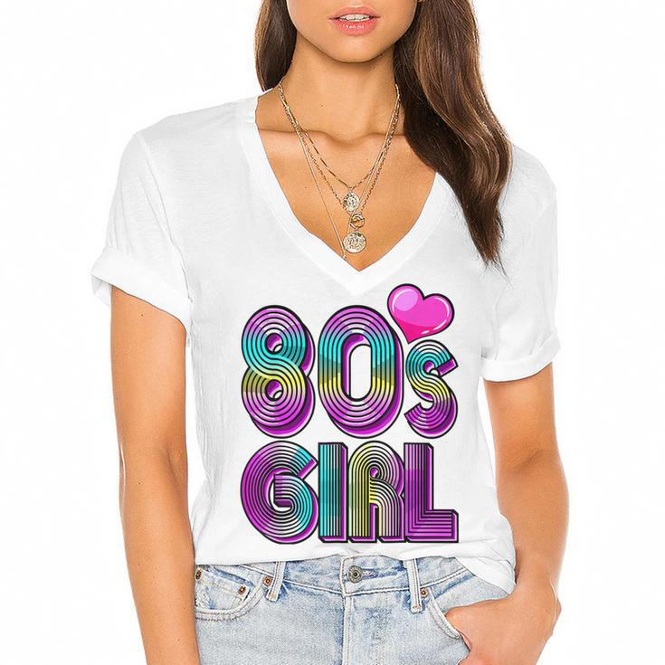 80S Girl Birthday Party Costume Retro Vintage Gift Women  V2 Women's Jersey Short Sleeve Deep V-Neck Tshirt