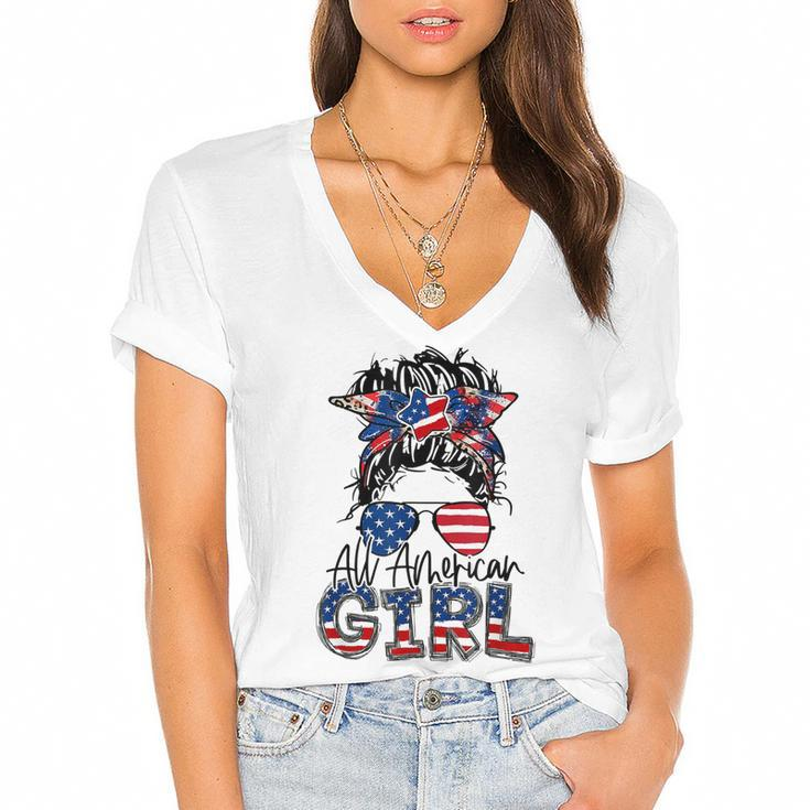 All American Girl 4Th Of July Girls Kids Sunglasses Family  V2 Women's Jersey Short Sleeve Deep V-Neck Tshirt