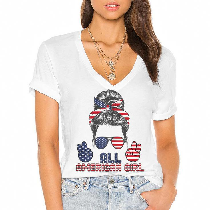 All American Girl Messy Bun American Flag 4Th Of July  V2 Women's Jersey Short Sleeve Deep V-Neck Tshirt