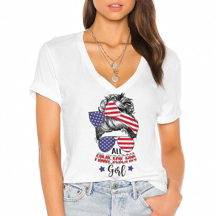 All American Girl Messy Bun Usa Flag Patriotic 4Th Of July  V2 Women's Jersey Short Sleeve Deep V-Neck Tshirt