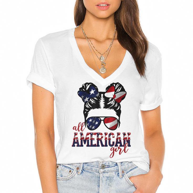 All American Girl Messy Hair Bun Woman Patriotic 4Th Of July  V2 Women's Jersey Short Sleeve Deep V-Neck Tshirt