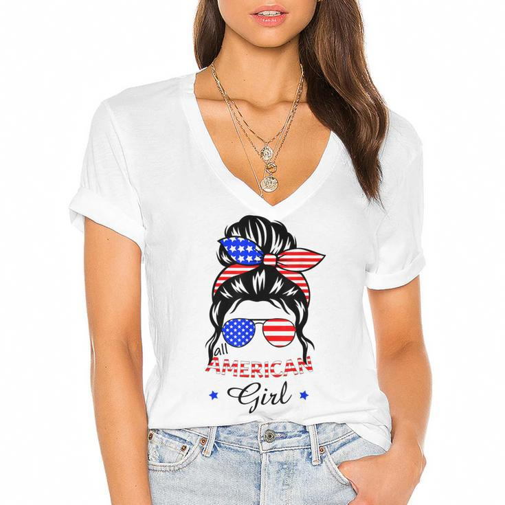 All American Girls 4Th Of July Daughter Messy Bun Usa  V6 Women's Jersey Short Sleeve Deep V-Neck Tshirt
