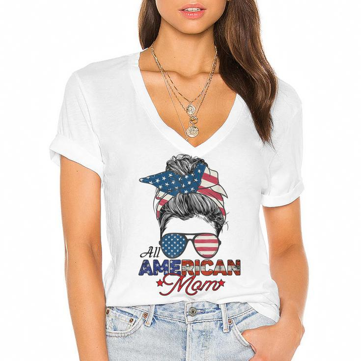 All American Mom 4Th July Messy Bun Us Flag  Women's Jersey Short Sleeve Deep V-Neck Tshirt