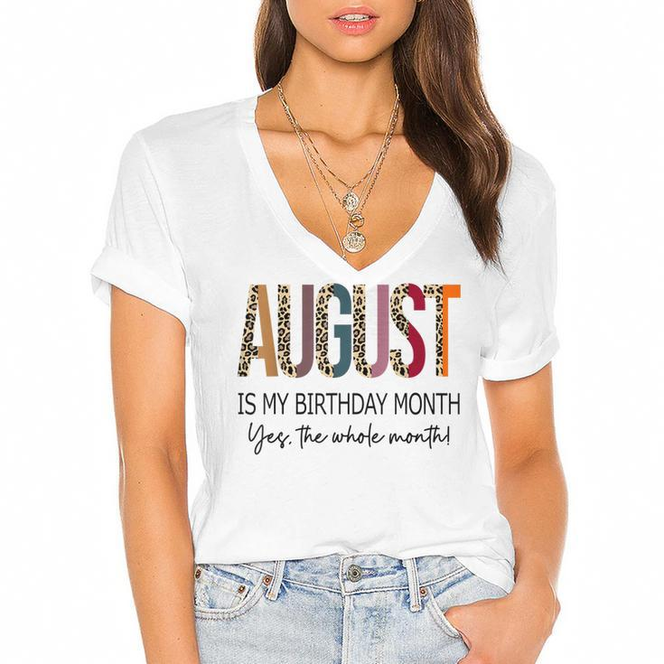 August Is My Birthday Yes The Whole Month Retro Leopard  Women's Jersey Short Sleeve Deep V-Neck Tshirt