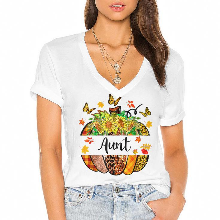 Aunt Fall Leopard Pumpkin Sunflowers Autumn Thanksgiving  V2 Women's Jersey Short Sleeve Deep V-Neck Tshirt