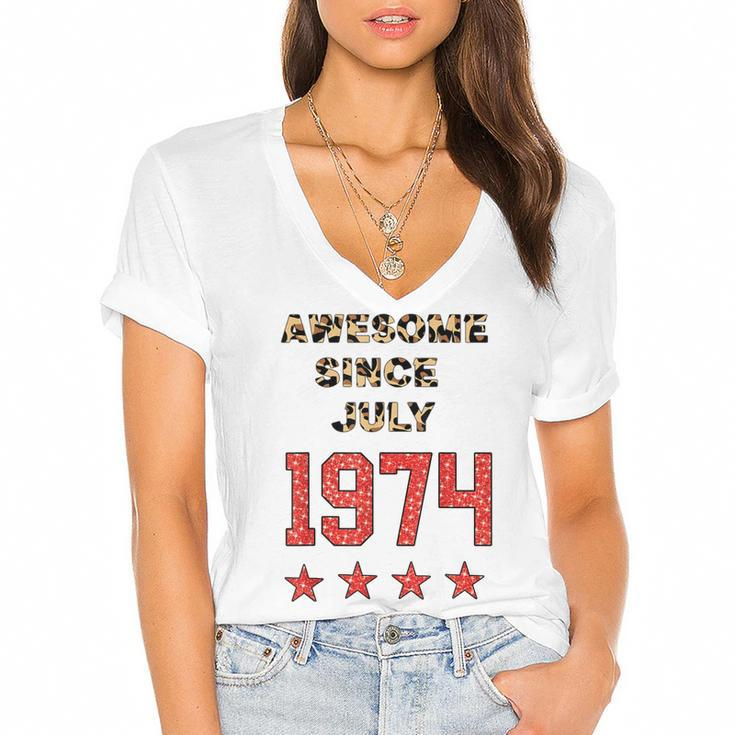 Awesome Since July 1974 Leopard 1974 July Birthday  Women's Jersey Short Sleeve Deep V-Neck Tshirt
