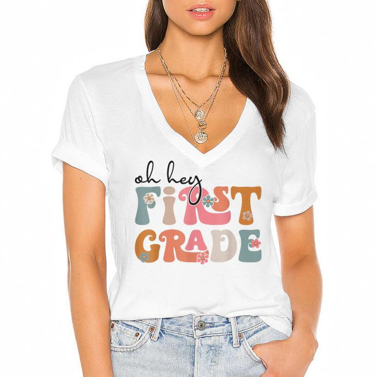 Back To School Oh Hey First Grade Teacher Student Boys Girls  Women's Jersey Short Sleeve Deep V-Neck Tshirt