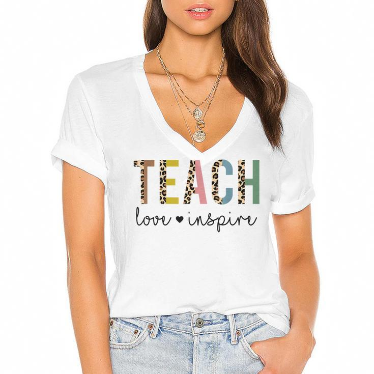 Back To School Teach Love Inspire Teachers & Students  Women's Jersey Short Sleeve Deep V-Neck Tshirt