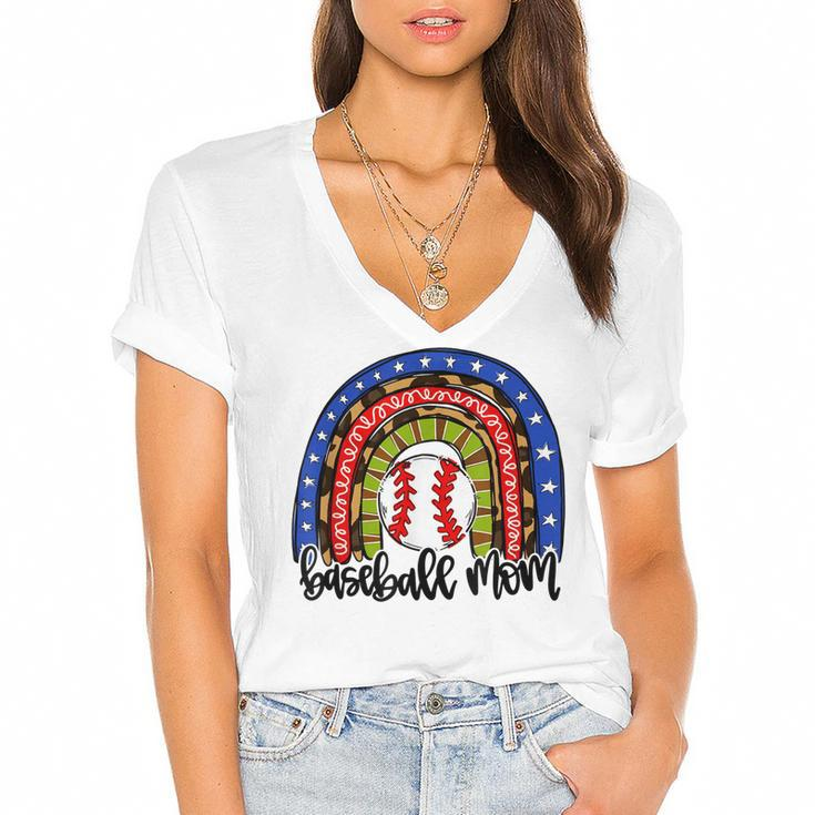 Baseball Mom Rainbow  Baseball Mama  Women's Jersey Short Sleeve Deep V-Neck Tshirt