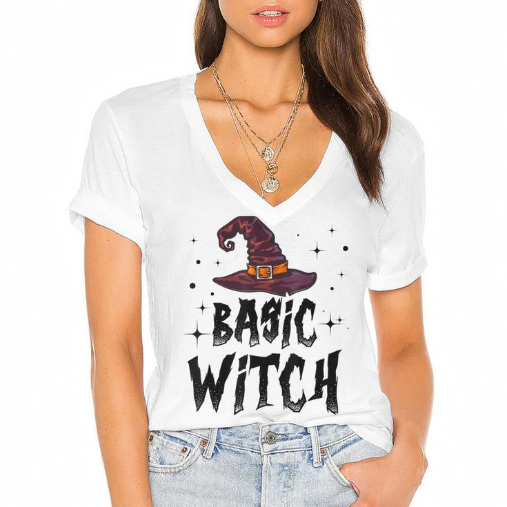 Basic Witch Women Halloween Distressed Witch Hat  Women's Jersey Short Sleeve Deep V-Neck Tshirt
