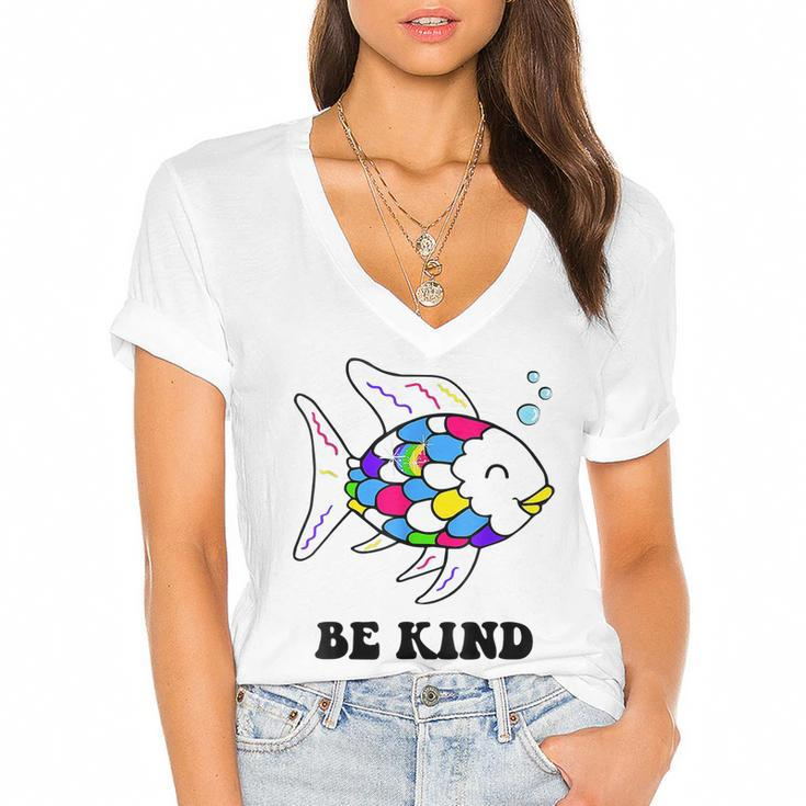 Be Kind Rainbow Fish Teacher Life Teaching Back To School  Women's Jersey Short Sleeve Deep V-Neck Tshirt