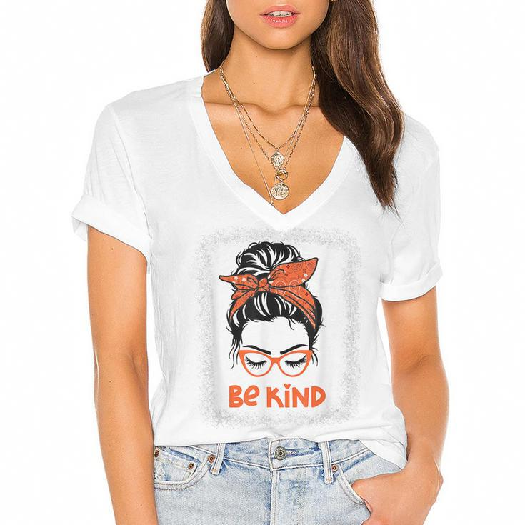 Be Kind We Wear Orange For Unity Day Messy Bun Womens  Women's Jersey Short Sleeve Deep V-Neck Tshirt