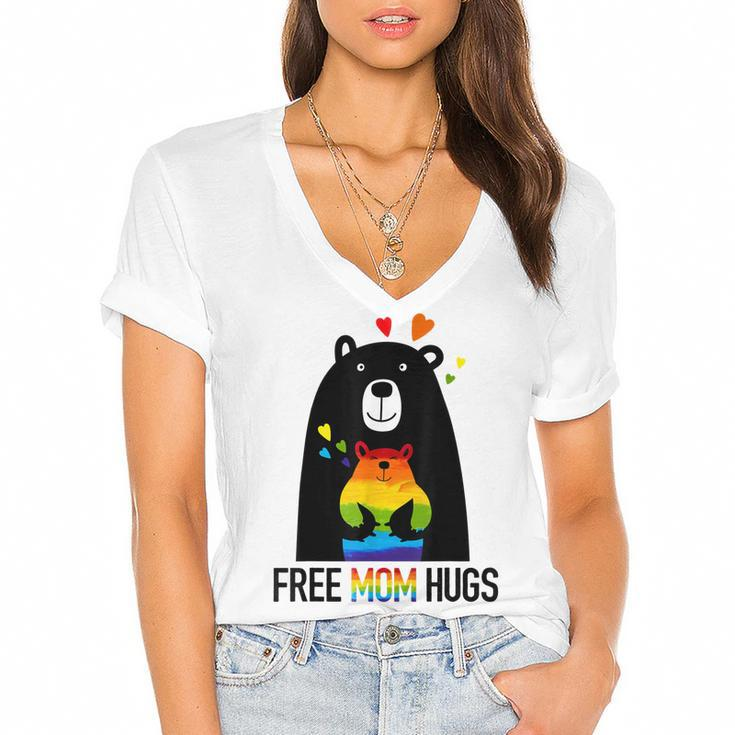 Bear Free Mom Hugs Rainbow Lgbt Lesbian Gay Pride Month  Women's Jersey Short Sleeve Deep V-Neck Tshirt