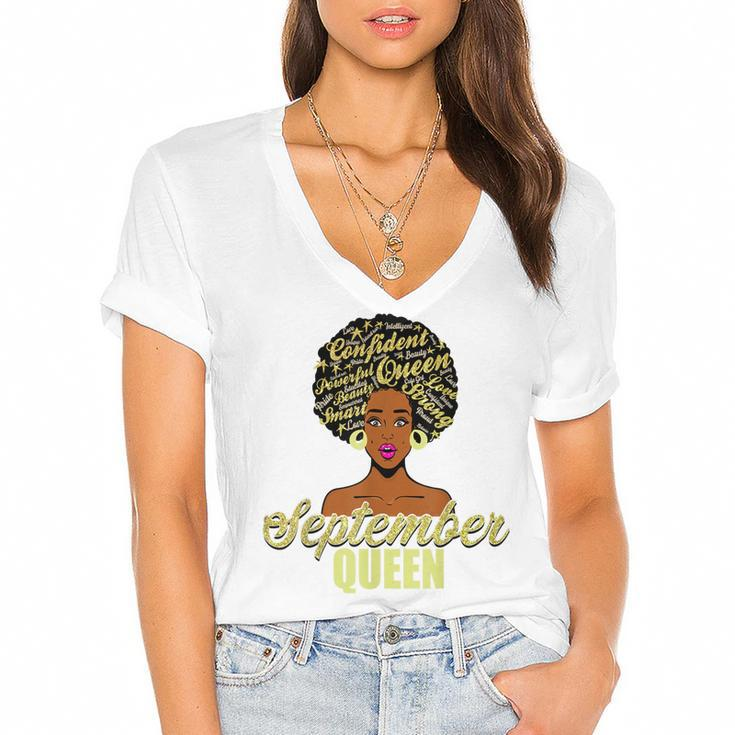 Black African American Melanin Afro Queen September Birthday  Women's Jersey Short Sleeve Deep V-Neck Tshirt