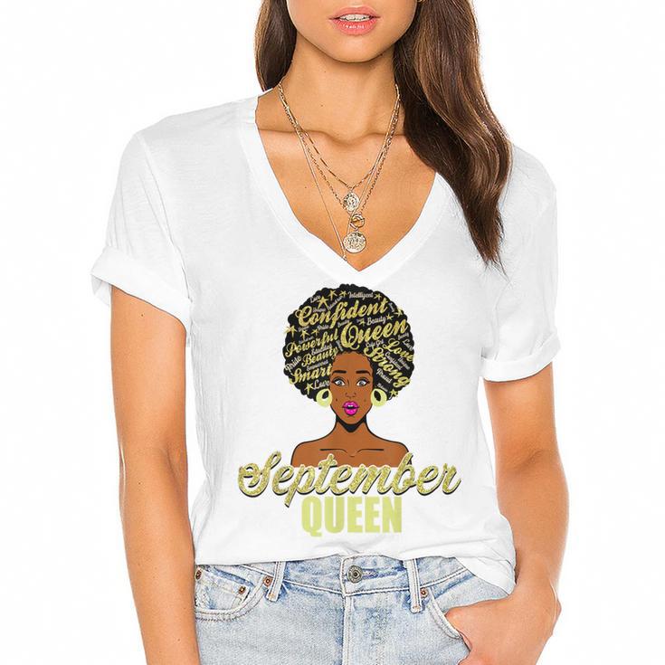 Black African American Melanin Afro Queen September Birthday Women's Jersey Short Sleeve Deep V-Neck Tshirt