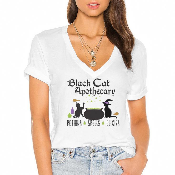 Black Cat Apothecary Halloween Gift Potions Spells Elixers Women's Jersey Short Sleeve Deep V-Neck Tshirt