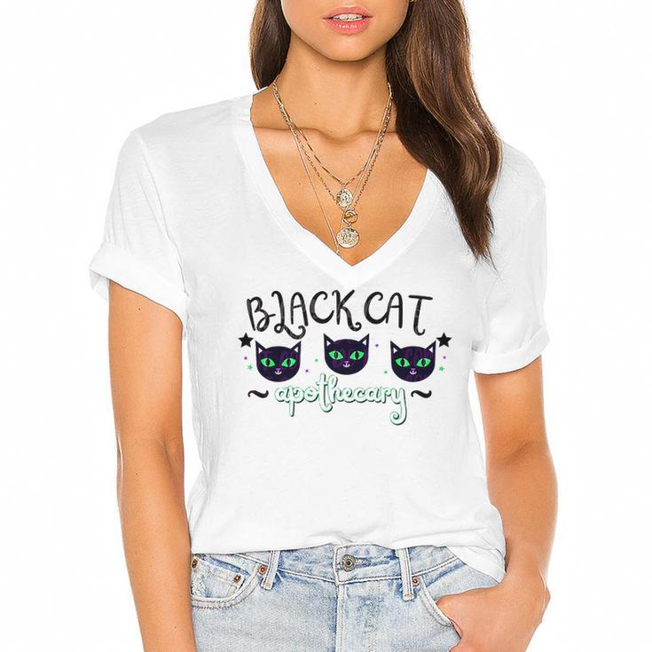 Black Cat Apothecary Halloween Gift Women's Jersey Short Sleeve Deep V-Neck Tshirt