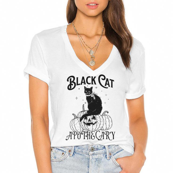 Black Cat Apothecary Pumpkin Halloween Women's Jersey Short Sleeve Deep V-Neck Tshirt