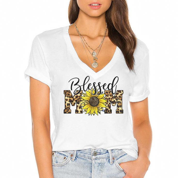 Blessed Mom Leopard  Blessed Mom Sunflower  V2 Women's Jersey Short Sleeve Deep V-Neck Tshirt